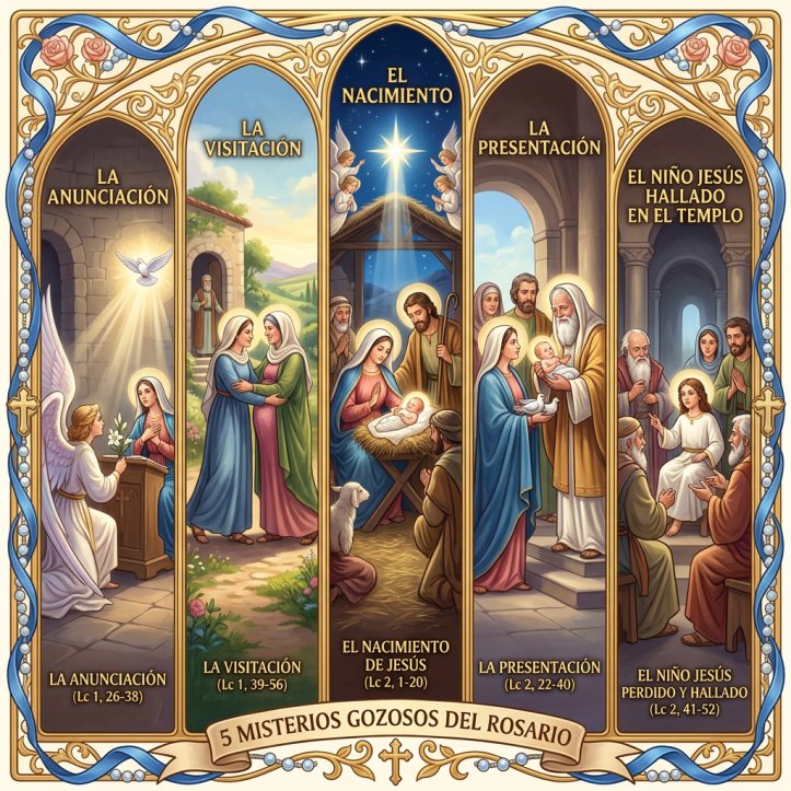Los cinco misterios gozosos del Rosario: La Anunciación (Lc 1, 26-38), La Visitación (Lc 1, 39-56), El Nacimiento de Jesús (Lc 2, 1-20), La Presentación (Lc 2, 22-40), y El Niño Jesús Perdido y Hallado en el Templo (Lc 2, 41-52).
