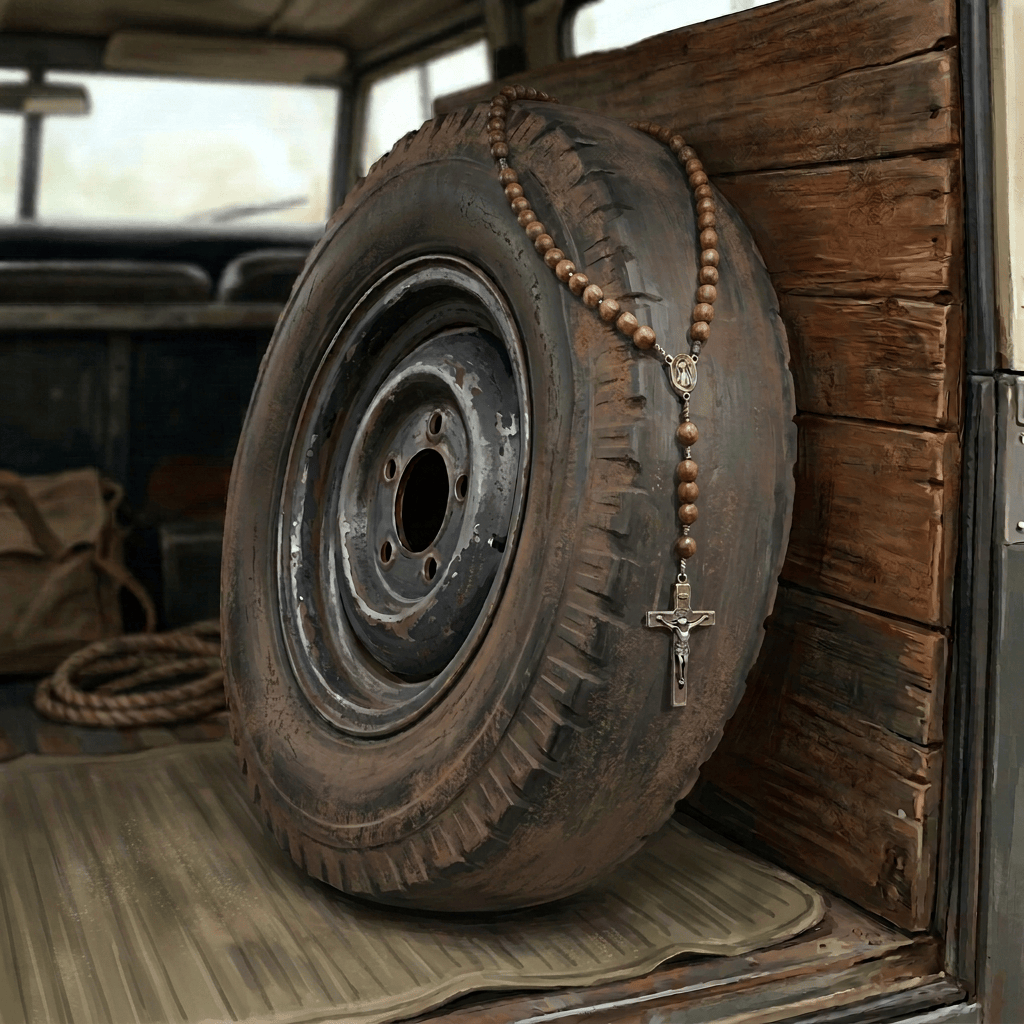 Weathered spare tire with a wooden rosary inside a vintage vehicle