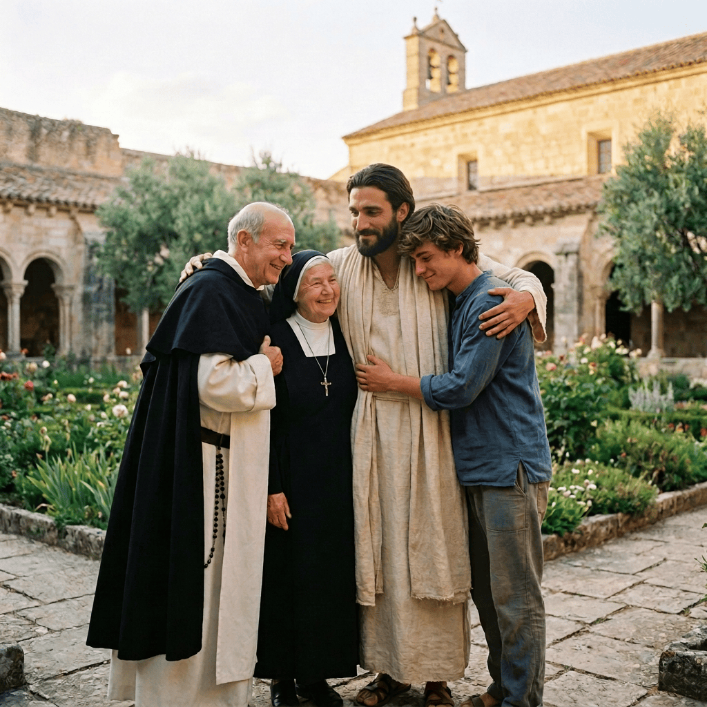Two religious figures, a bearded man, and a young man embrace in a monastery courtyard